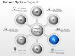 Ne six staged hub spoke diagram with icons powerpoint template slide