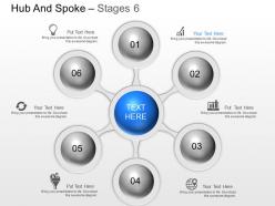 Ne six staged hub spoke diagram with icons powerpoint template slide
