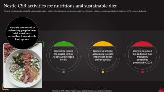 Nestle CSR Activities For Nutritious And Sustainable Diet Food And Beverages Processing Strategy SS V