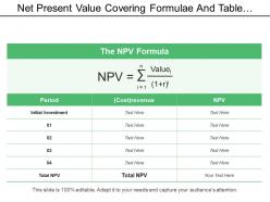 Net present value covering formulae and table period and revenue