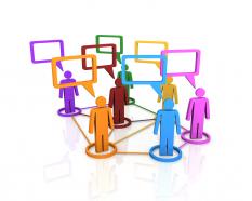 Network of 3d people for online group discussion stock photo