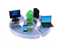 Network of computer devices around dollar sign stock photo