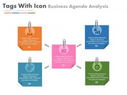 New five colored tags with icons for business agenda analysis flat powerpoint design