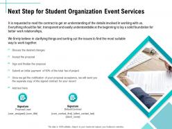 Next step for student organization event services ppt infographics