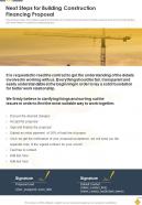 Next Steps For Building Construction Financing Proposal One Pager Sample Example Document