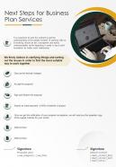 Next Steps For Business Plan Services One Pager Sample Example Document