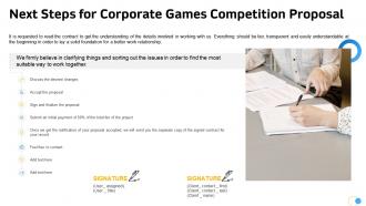 Next steps for corporate games competition proposal ppt slides sample
