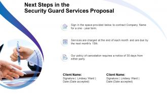 Next steps in the security guard services proposal ppt slides visuals