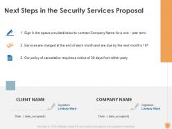 Next steps in the security services proposal ppt powerpoint presentation design templates