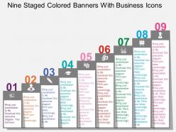Nine staged colored banners with business icons flat powerpoint design