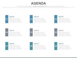 Nine staged sales agenda analysis diagram powerpoint slides