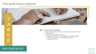 Non Profit Business Playbook Table Of Contents Ppt Slides Background Designs