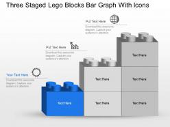 Np three staged lego blocks bar graph with icons powerpoint template slide