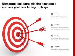 Numerous red darts missing the target and one gold one hitting bullseye