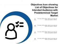 Objectives icon showing list of objectives for intended audience with predetermined target market