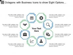 Octagons with business icons to show eight options parts steps or processes