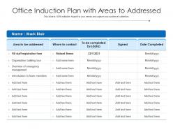 Office induction plan with areas to addressed