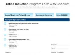 Office induction program form with checklist