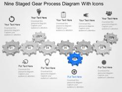 Og nine staged gear process diagram with icons powerpoint template