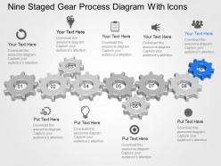 Og nine staged gear process diagram with icons powerpoint template