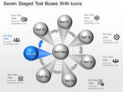 Om seven staged text boxes with icons powerpoint template