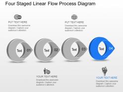 On four staged linear flow process diagram powerpoint template slide