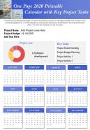 One Page 2020 Printable Calendar With Key Project Tasks Presentation Report Infographic PPT PDF Document