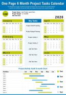 One page 6 month project tasks calendar presentation report infographic ppt pdf document