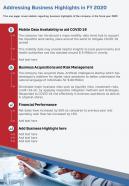 One Page Addressing Business Highlights In FY 2020 Template 83 Infographic PPT PDF Document