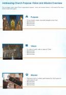 One page addressing church purpose vision and mission overview presentation report infographic ppt pdf document