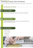 One page addressing company vision and mission template 326 presentation report infographic ppt pdf document
