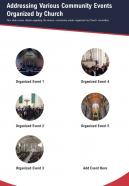 One page addressing various community events organized by church report infographic ppt pdf document