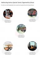 One page addressing various special events organized by school presentation infographic ppt pdf document