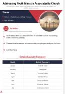 One page addressing youth ministry associated to church presentation report infographic ppt pdf document