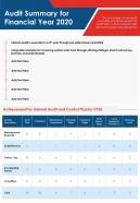 One page audit summary for financial year 2020 presentation report infographic ppt pdf document