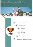 One Page Awards And Milestone Achieved By Firm Template 389 Report Infographic PPT PDF Document