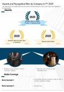 One page awards and recognition won by company in fy 2020 template 371 infographic ppt pdf document