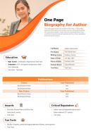 One page biography for author presentation report infographic ppt pdf document