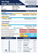 One Page Budget Summary Report Presentation Report Infographic PPT PDF Document
