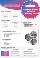 One page business expansion investment teaser presentation report infographic ppt pdf document