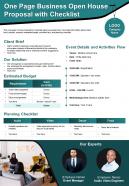 One page business open house proposal with checklist presentation report infographic ppt pdf document