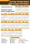 One Page Calendar August 2018 To August 2019 Report Presentation Report Infographic PPT PDF Document