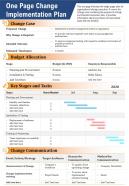 One Page Change Implementation Plan Presentation Report Infographic PPT PDF Document