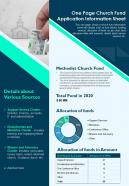 One page church fund application information sheet presentation report infographic ppt pdf document