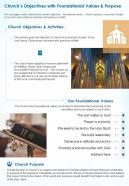 One page churchs objectives with foundational values and purpose presentation report infographic ppt pdf document