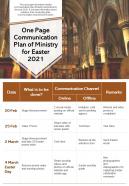 One page communication plan of ministry for easter 2021 presentation report infographic ppt pdf document