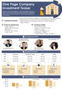One Page Company Investment Teaser Presentation Report Infographic PPT PDF Document