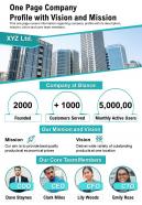 One Page Company Profile With Vision And Mission Presentation Report Infographic PPT PDF Document