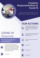 One page company response actions to covid 19 presentation report infographic ppt pdf document