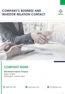 One page companys business and investor relation contact presentation report infographic ppt pdf document